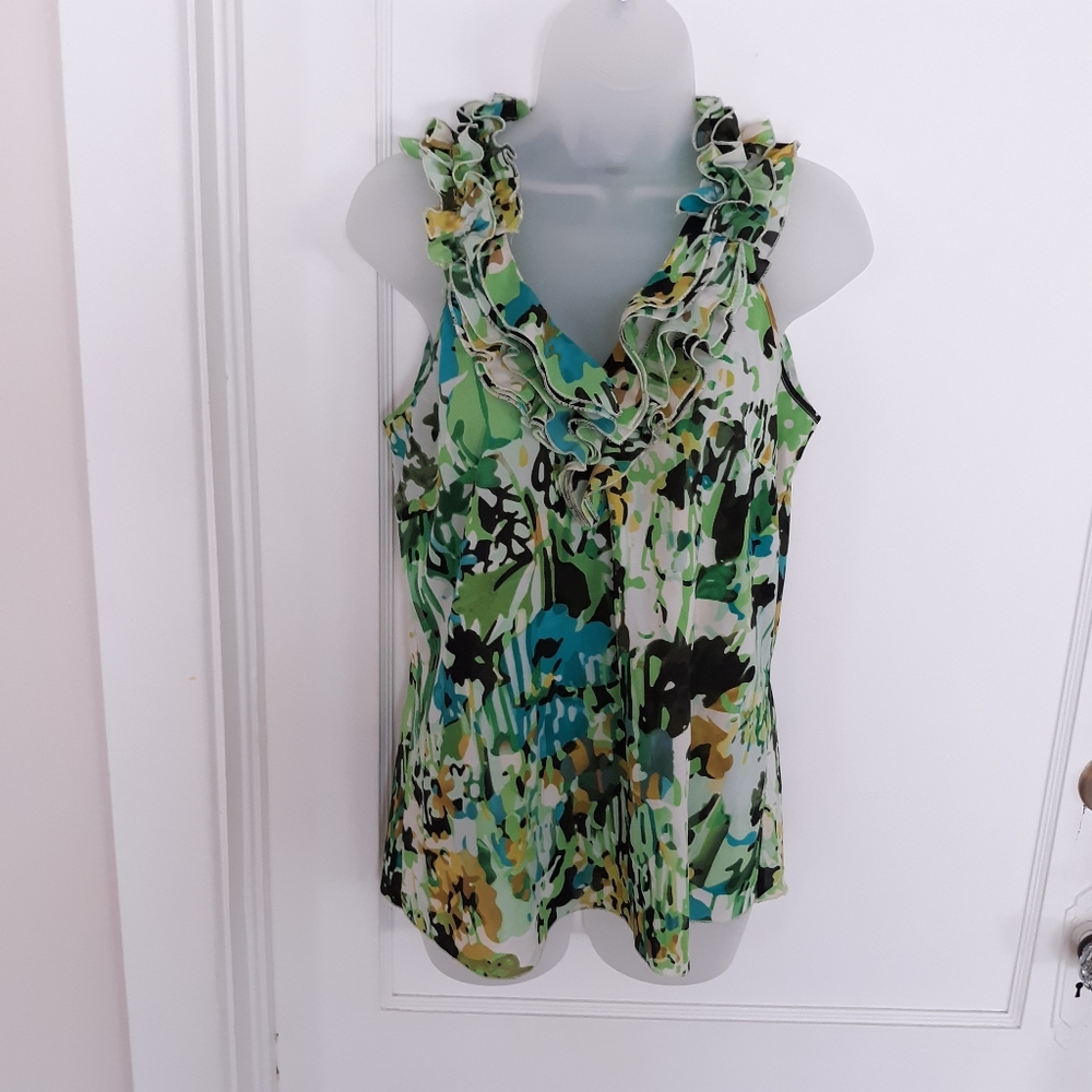 SPENSE Ruffled Floral Sleeveless Top Green…